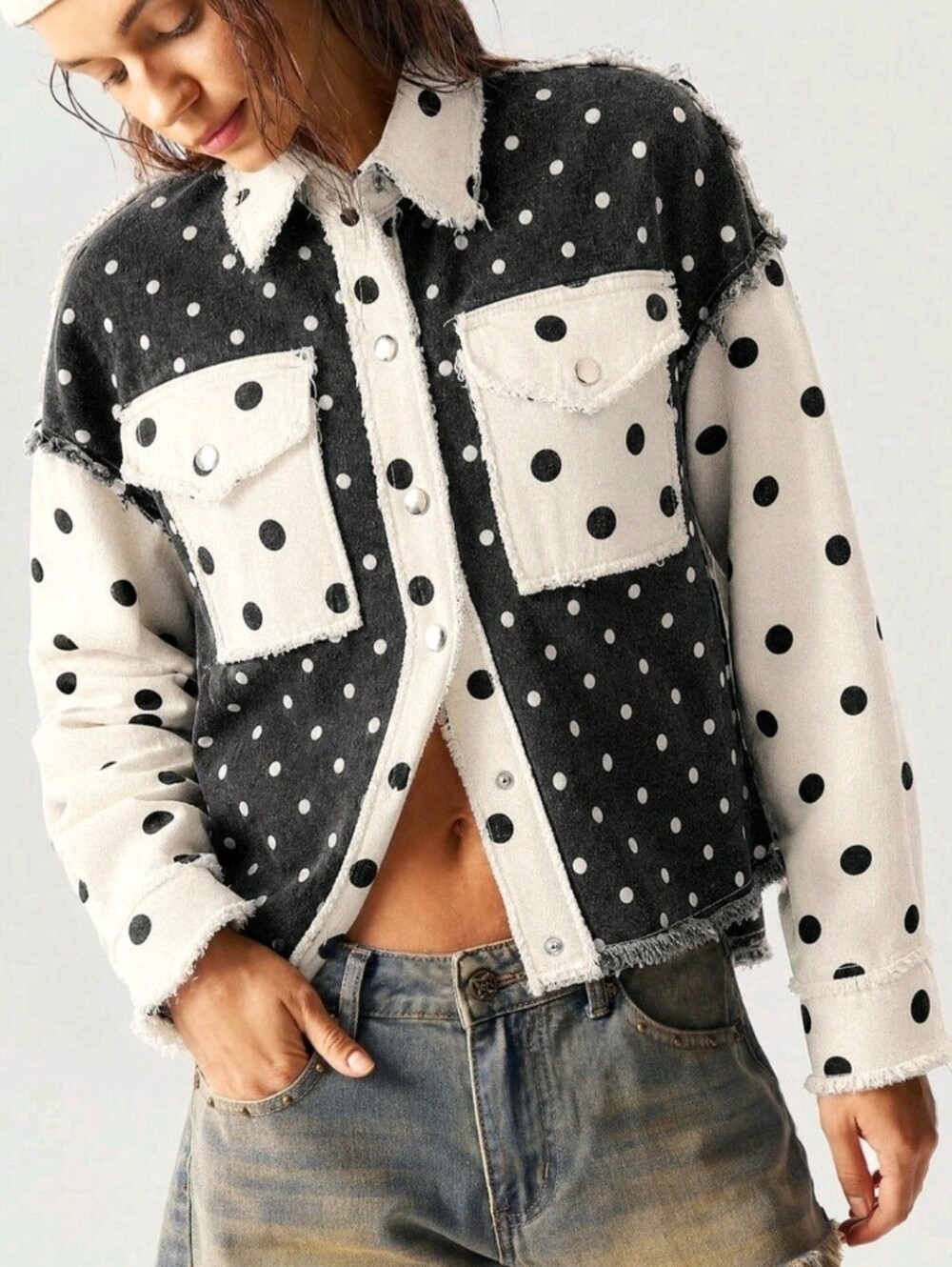 Casual Woven Polka Dot Patchwork Loose Fit Women's Regular Jacket